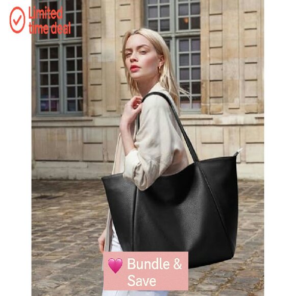 Large Vegan Leather Tote Bag with Zipper, 23L Capacity for Work and Travel - Picture 4 of 8